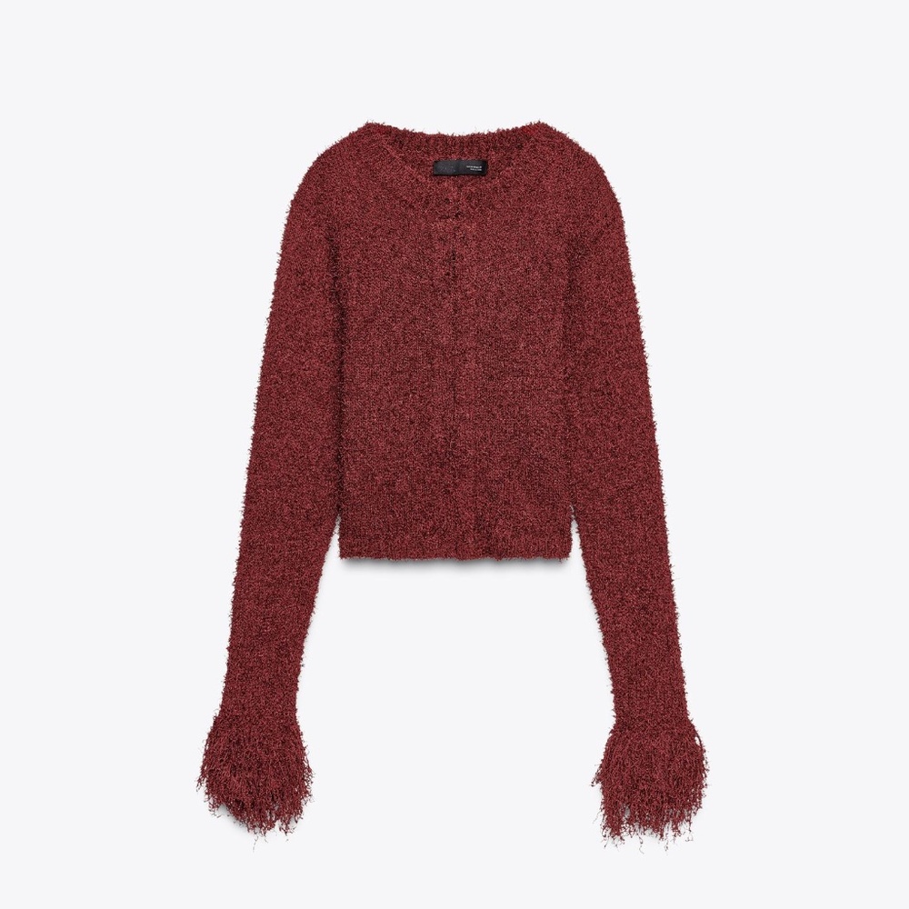 Zara boho burgundy fringed fuzzy soft knit cardigan NWT - Picture 2 of 9